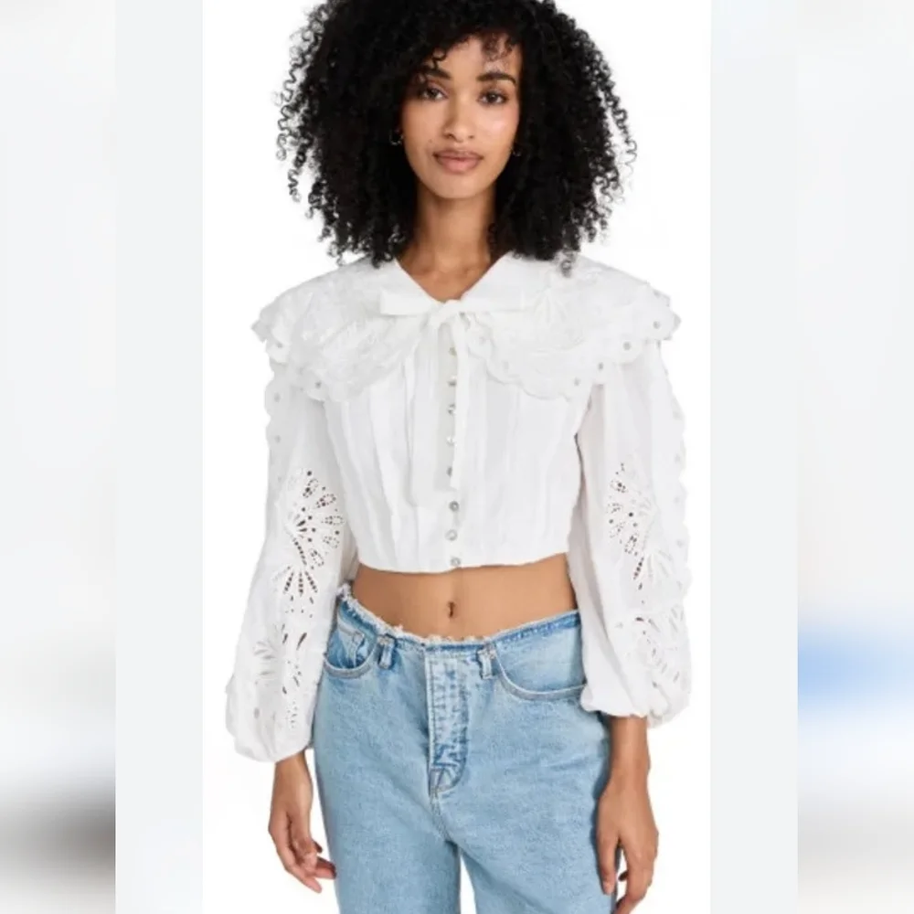 FARM RIO Richelieu Big Collar Off White Battenberg Lace Blouse M RARE SRP $240 - Picture 3 of 16